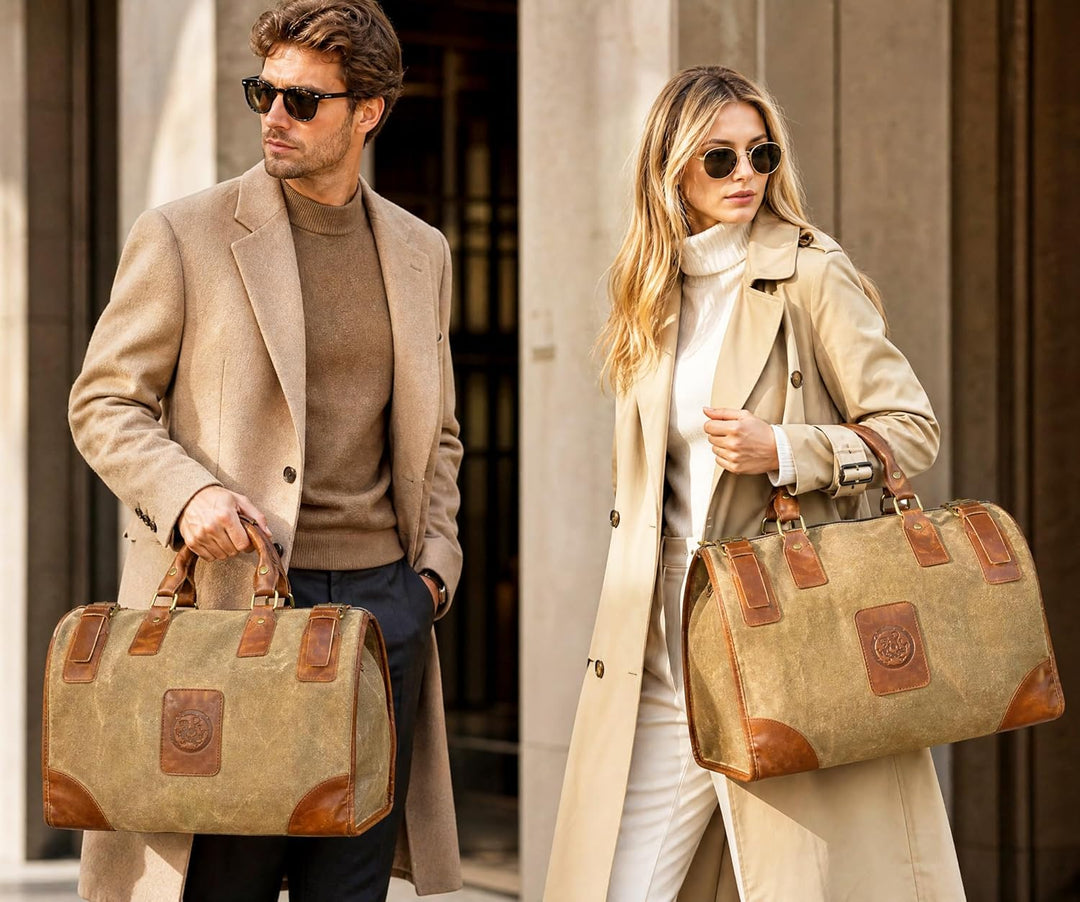 Wasserabweisend Canvas Crazy Horse Leder Reisetasche 35L Trim Unisex Handgepäck Weekender Tasche Spo