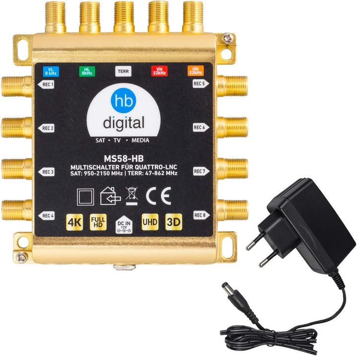 HB-DIGITAL DVB-S/S2 Multischalter 5/8 | Multiswitch Verteiler für 1 SAT, 8 Teilnehmer/Satelliten Rec