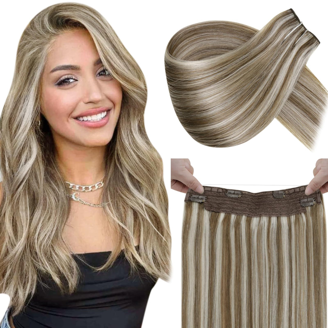 LaaVoo Remy Extensions Echthaar mit Draht Braun Blond Invisible Wire Extensions Echthaar Hellbraun H