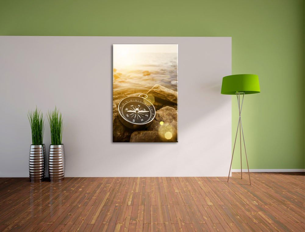 Kompass auf Steinen Reiselust Format: 100x70 auf Leinwand, XXL riesige Bilder fertig gerahmt mit Kei