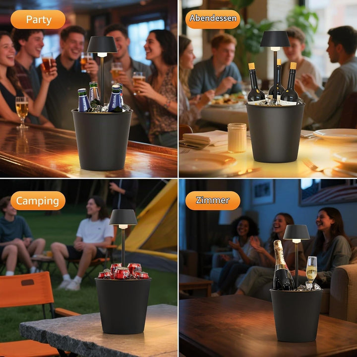 FUYO LED Eiskübel mit Warmlicht – 2-in-1 Tischlampe &amp; Kühler, Spritzwassergeschützt für Champagner/W