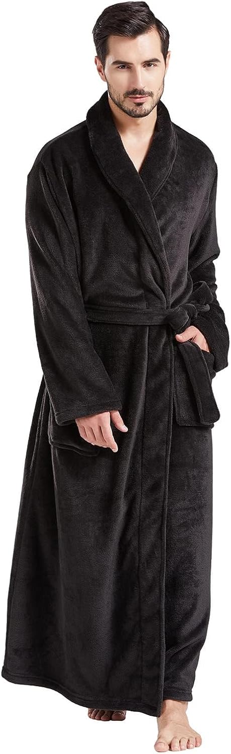 FashGudim Herren Bademäntel gross und gross in voller Länge Plüsch Fleece lange Robe Schal Kragen wa