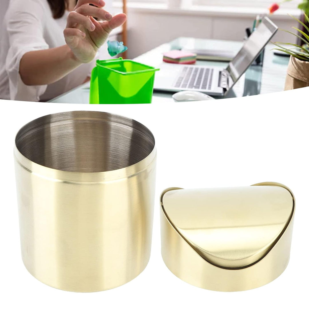 Mini Mülleimer, 16.58×12cm Edelstahl Mülleimer mit Schwing Deckel Gold Kleiner Desktop Abfallkorb fü