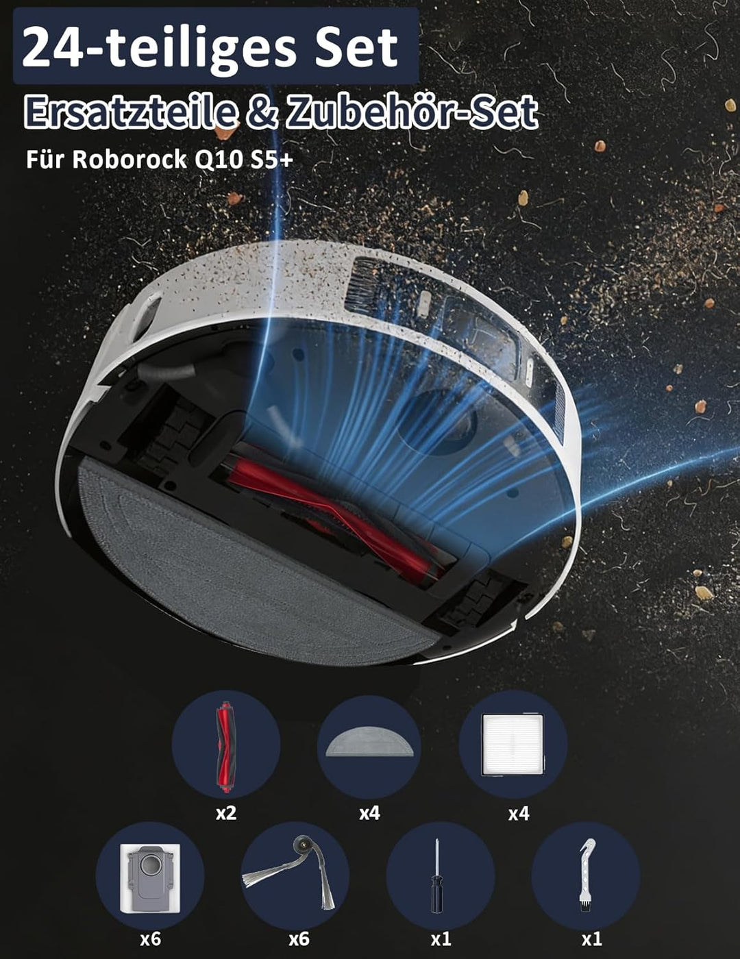 24 Stück Zubehör für Roborock Saros Q10 S5+ | mit 2 Hauptbürsten, 4 Feuchttücher, 4 HEPA-Filter, 6 S
