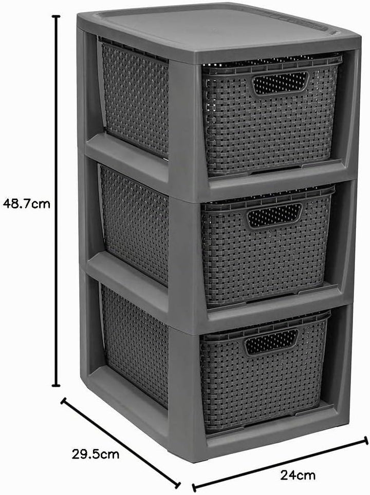 BranQ - Home essential Regal in Rattan Design, Kunststoff PP, Anthrazit, 29,5x24x48,7 cm 3 Körben An