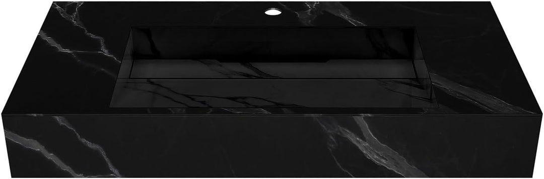 Waschbecken hängend - L90.2 x B45.2 x H8 cm - Schwarz mit Marmor-Optik - TAKOTNA