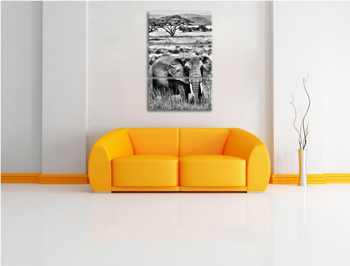 Pixxprint Elefant in der Savanne als Leinwandbild/Grösse: 3 Teilig (120x80) cm/Wandbild/Kunstdruck/f