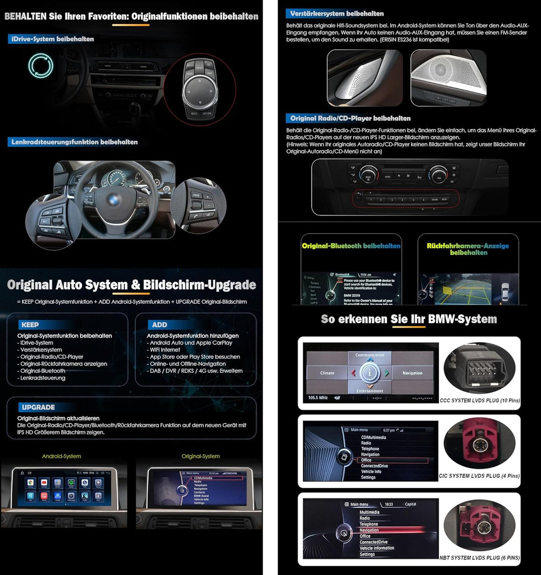 Erisin Android 14 Qualcomm 8-Kern 4+64GB 10,25 Zoll Autoradio GPS Navi Für BMW 5er F10 F14 Unterstüt