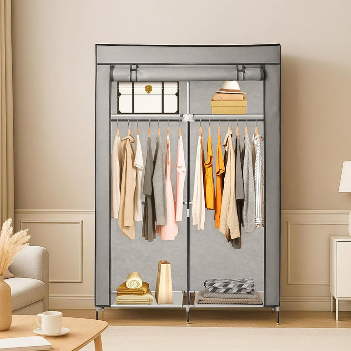 Faltschrank 108x45x170 cm Stoffkleiderschrank mit Reissverschluss und Kleiderstange, Seitentasche &