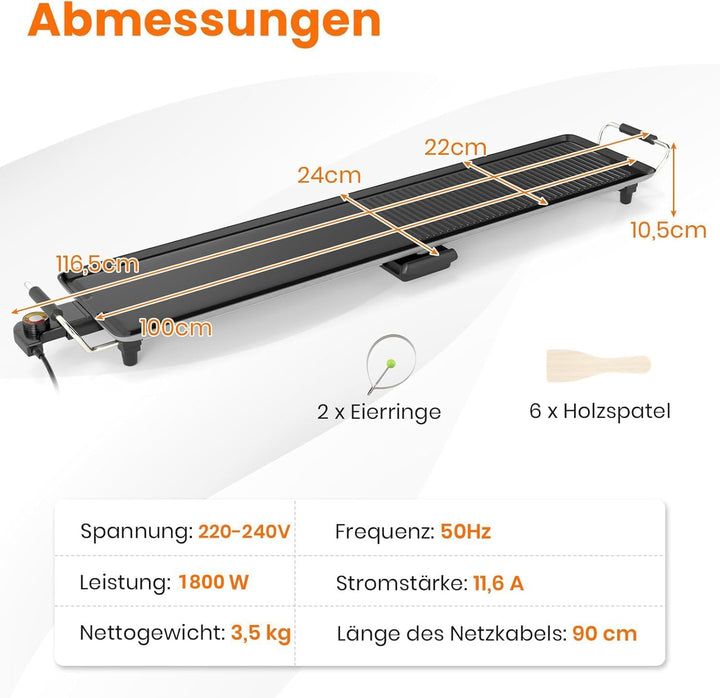 RELAX4LIFE Tischgrill elektrisch, 100 x 22 cm extra lange Teppanyaki-/Plancha-Grillplatte, Elektrogr