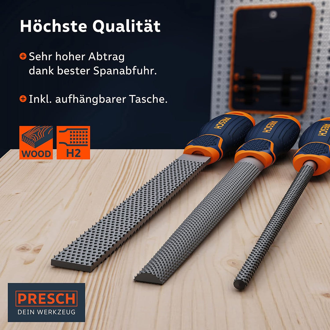 Presch Holzraspel Set 3tlg. inkl Rolltasche - Hochwertiges Holzfeilen Set inkl. Flachstumpfraspel, H