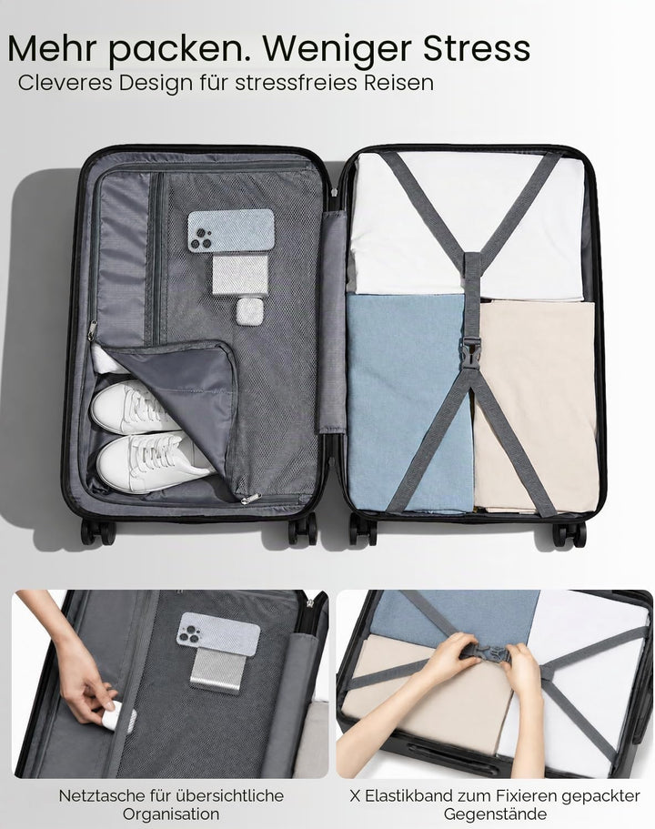 KONO Trolley Koffer Mittelgross Leicht Hartschalenkoffer Reisekoffer mit 4 Rollen, 65x42x26cm, 65Lit