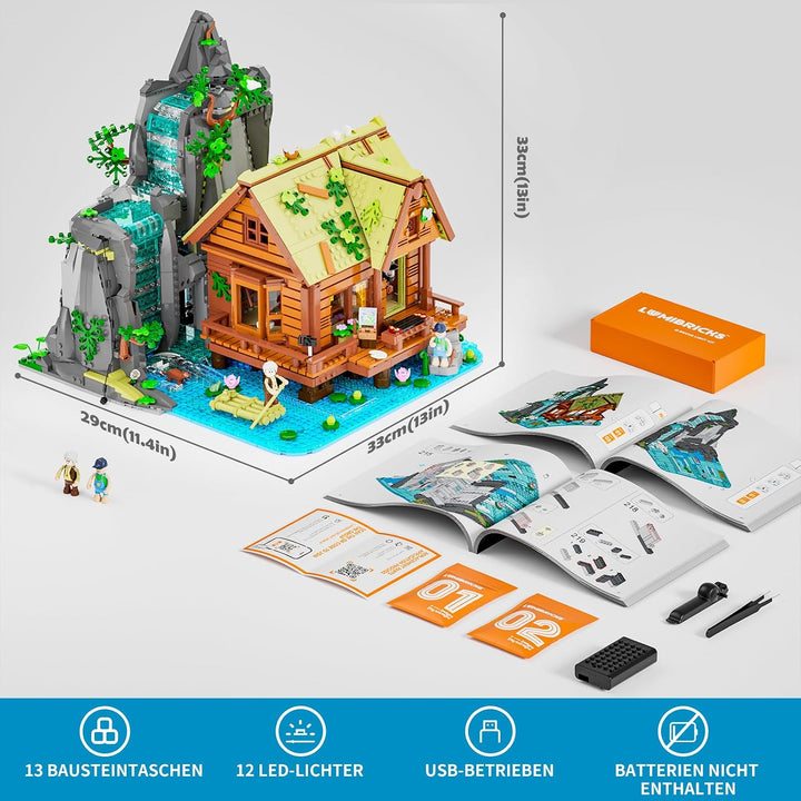 Lumibricks Waterfall Cabin Bauset mit Licht – 2539 Teile Retro Holzhaus mit beweglichem Wasserfall &
