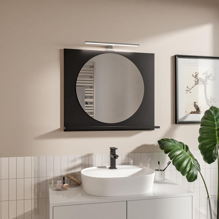 Badspiegel Rund mit Beleuchtung und Ablage Schwarz 70x60 cm Spiegel ⌀55 cm Badezimmer-Wand-Rasierspi
