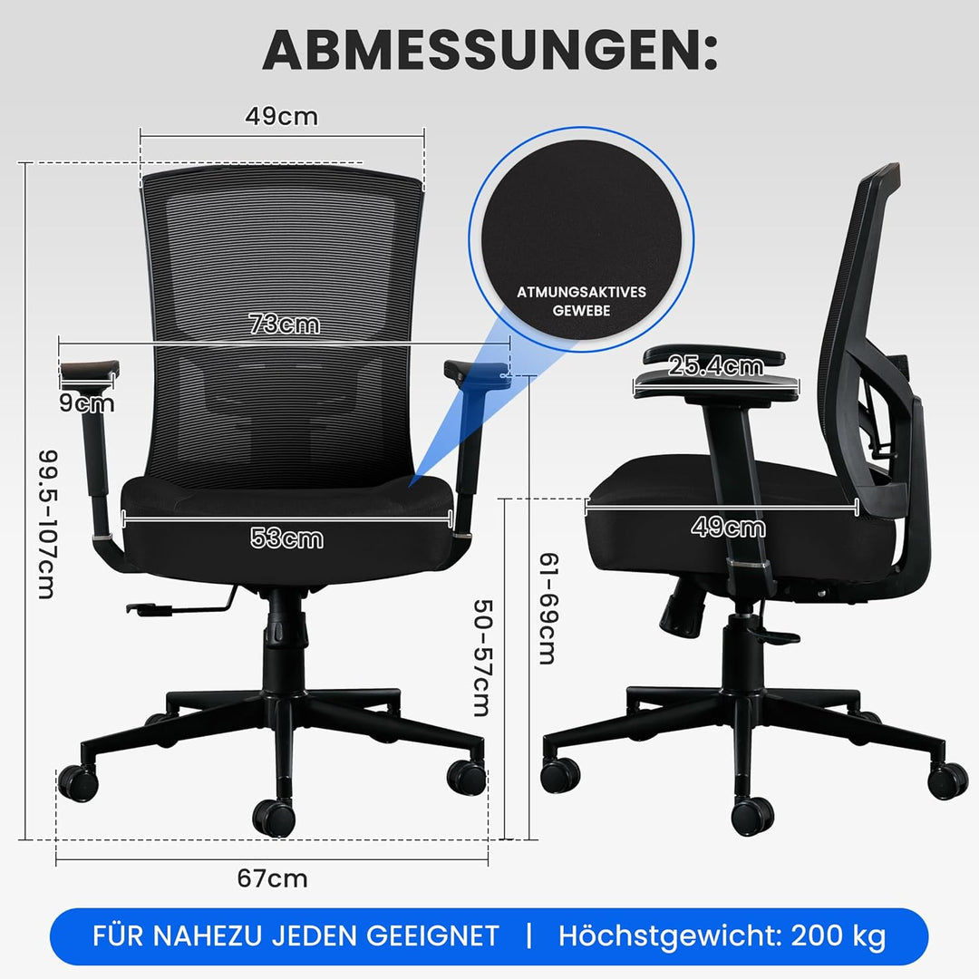 Fantasylab Bürostuhl Ergonomisch 200KG Schreibtischstuhl, Hoher Rücken Ergonomischer Stuhl Drehstuhl