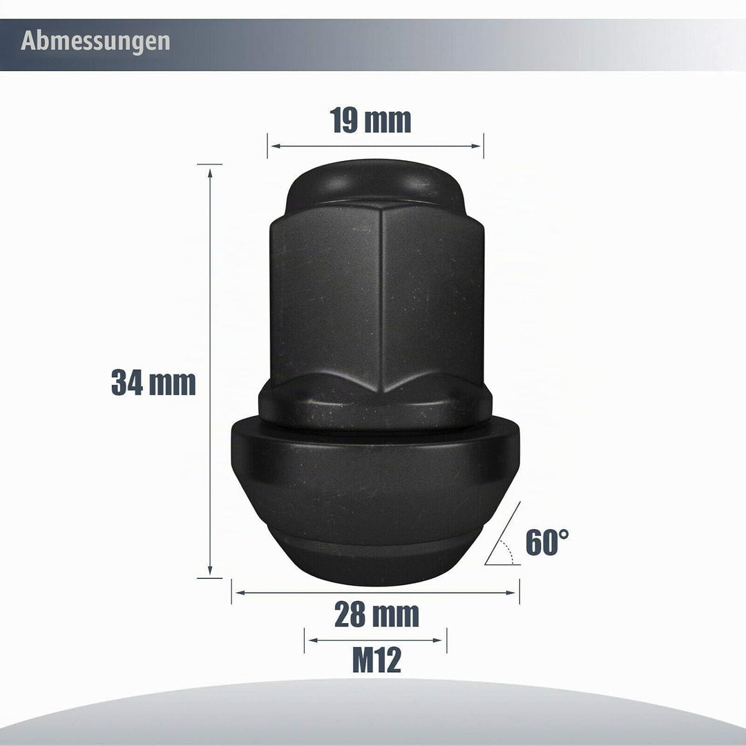 20x Radmutter SCHWARZ M12x1,5x34 Kegel 60° SW19 beweglich D28mm + 1x Radschraubenbeutel