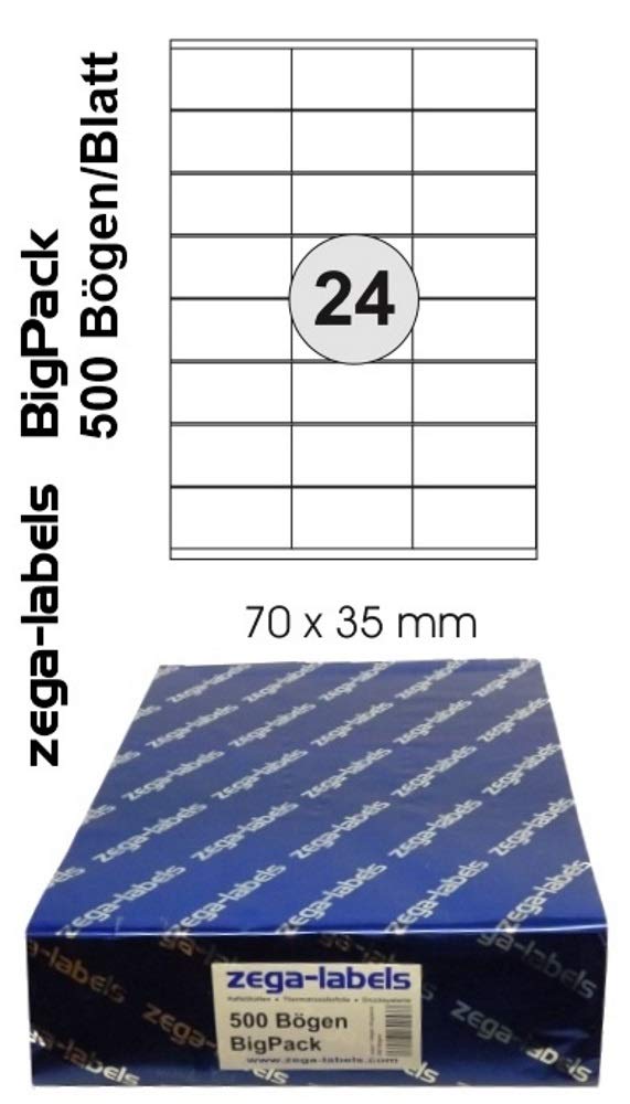 12.000 Etiketten 70 x 35 mm selbstklebend auf DIN A4 Bögen (3x8 Etiketten) - 500 Blatt Bigpack - Uni