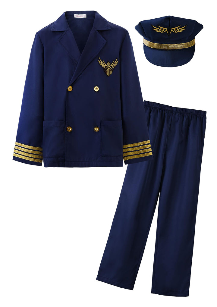 ReliBeauty Pilot Kostüm Kinder Flieger Aviator 3-14 Jahre mit Pilotenmütze Kapitän Fasching Blau 104