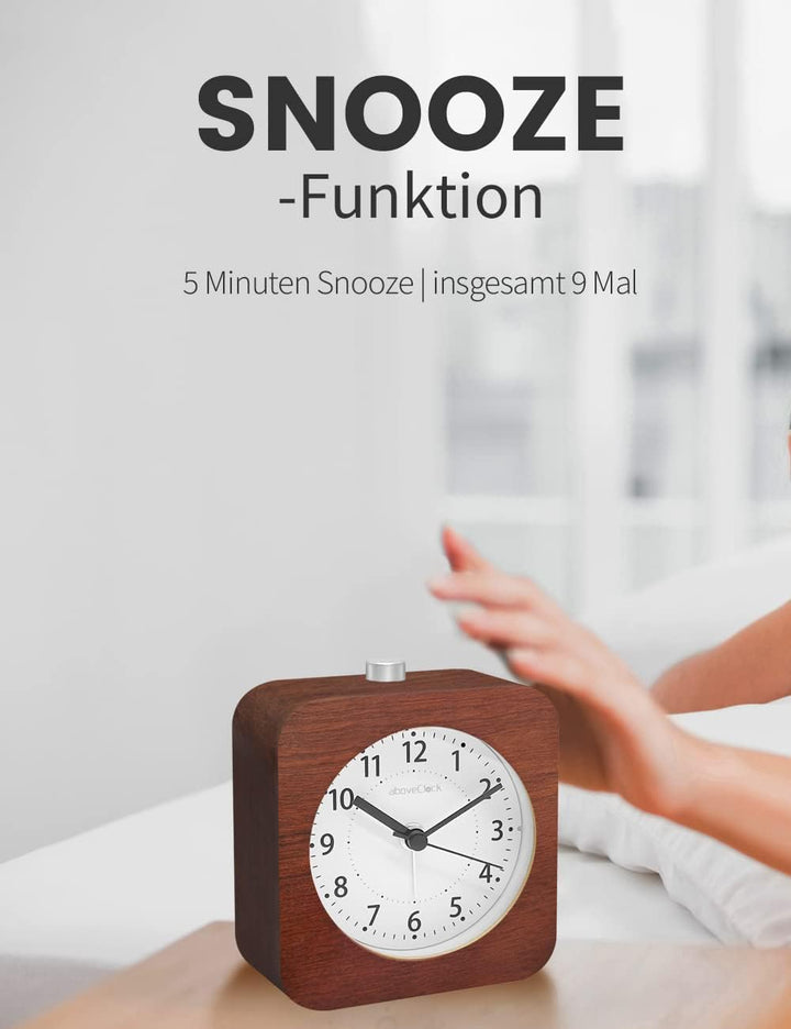 aboveClock Wecker Analog Ohne Ticken, Wecker Holz mit Snooze, Nachttisch Retro Wecker mit Nachtlicht