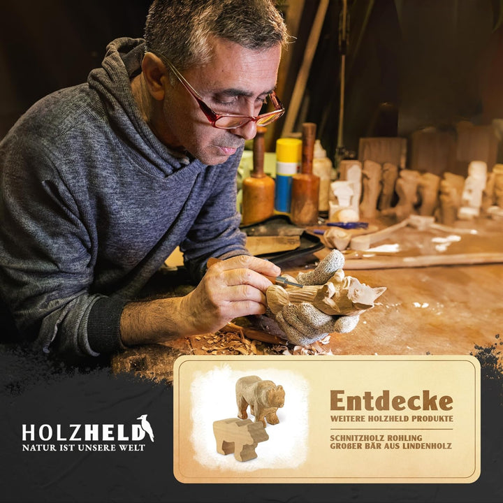 HOLZHELD hochwertiges Schnitzwerkzeug (24 teil.) inkl. 32 S. Anleitung 4 Vorlagen u dt. Schnitzholz