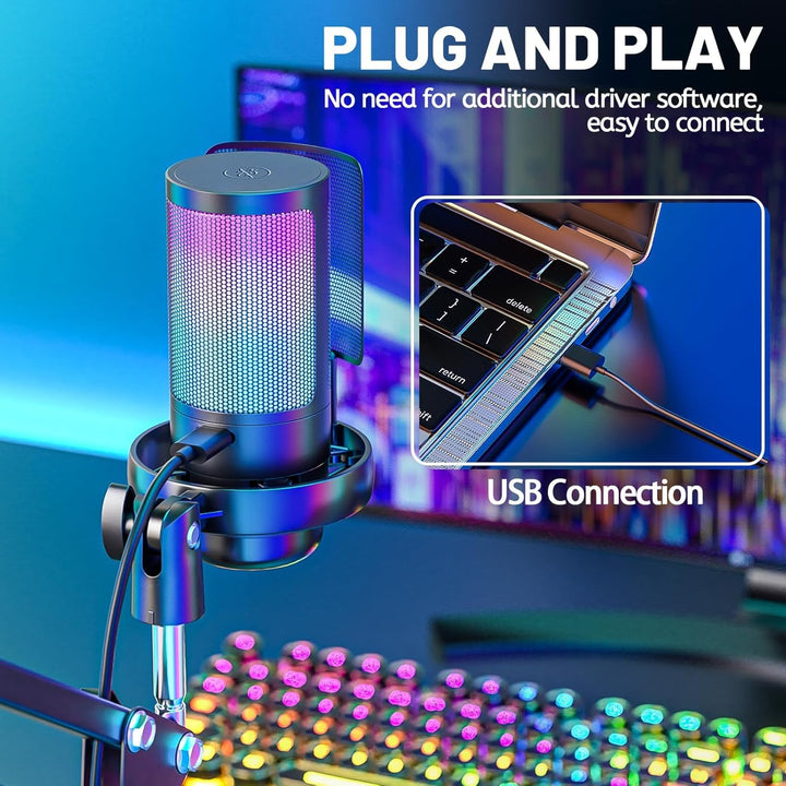 Anykuu USB Gaming Mikrofon Plug&Play Kondensator Mikrofon PC für Gaming Streaming Podcasting Videoko