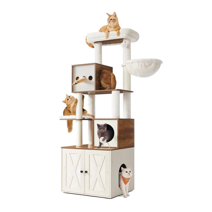 Feandrea Kratzbaum, Katzenbaum mit Katzenklo-Schrank, 178 cm hoch, Katzenkratzbaum, Kratzsäule, Plat