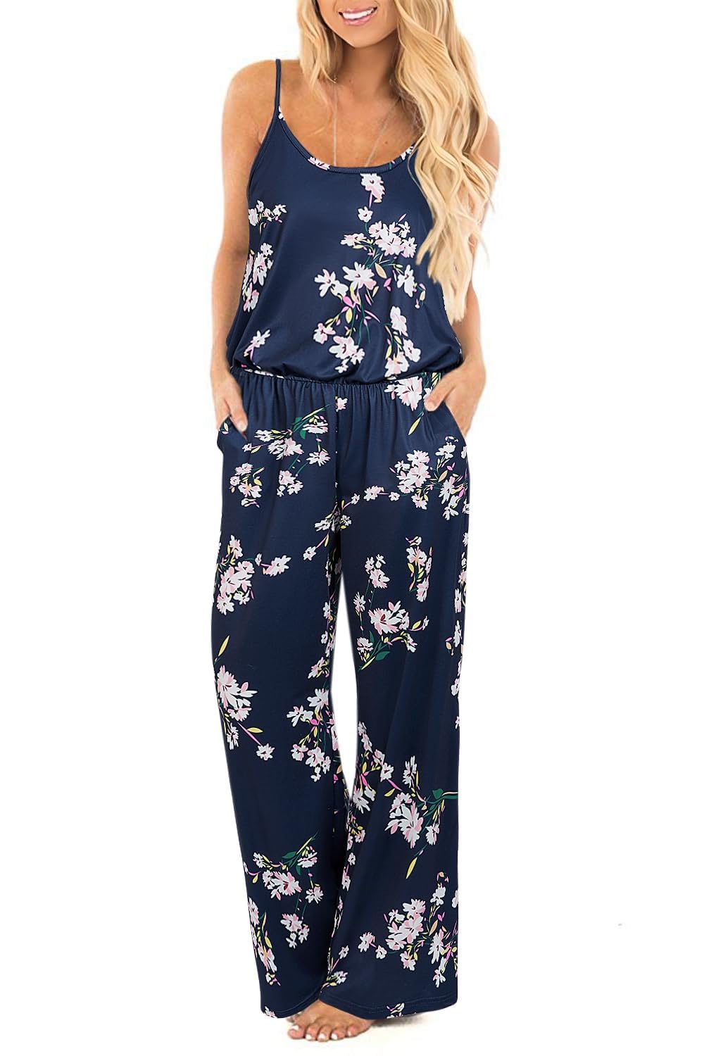 OUGES Damen Sommer Ärmellos Jumpsuit Overall Lang Hosenanzug Casual Playsuit Romper mit Taschen M Fl