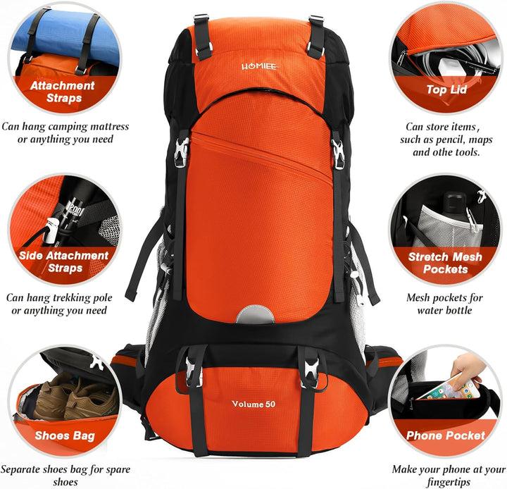 HOMIEE Wanderrucksack 50L, Herren Damen Wasserdichter Trekkingrucksack Reiserucksack Outdoor Wandern