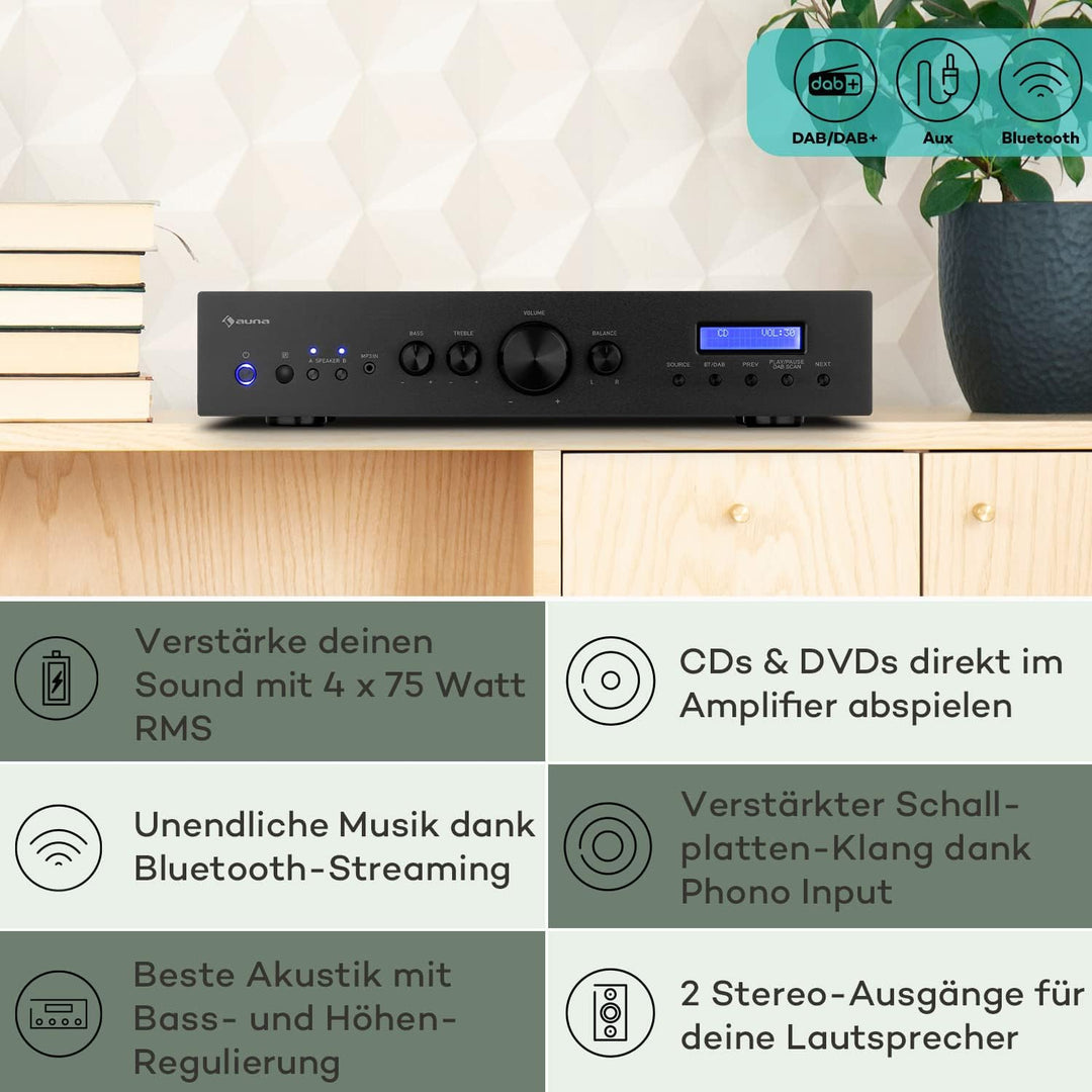auna AMP-CD608 DAB HiFi Stereo-Amplifier Verstärker, Ausgangsleistung: 4 x 100 Watt RMS an 4 Ohm, 2