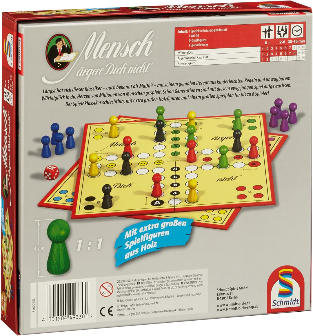 Schmidt Spiele 49330 Classic Line, Mensch ärgere Dich Nicht, mit extra grossen Spielfiguren aus Holz