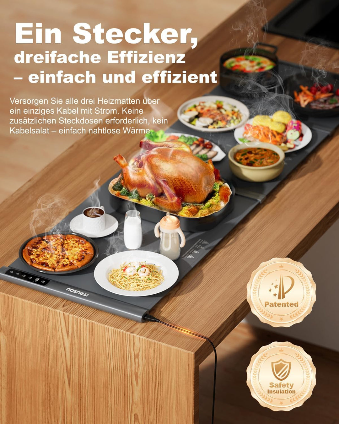 Erweiterbare Speisewärmerplatte 137x40 cm – Warmhalteplatte mit 7 Temperaturstufen, umschaltbar ℃/℉,