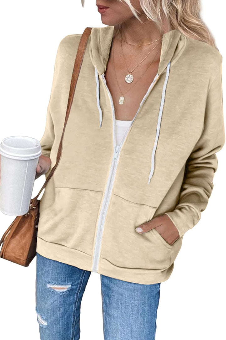 Maavoki Damen Zip Hoodie Langarm Kapuzenpulli Fleece Outwear Jacken Herbst Winter Sweatjacke A-beige