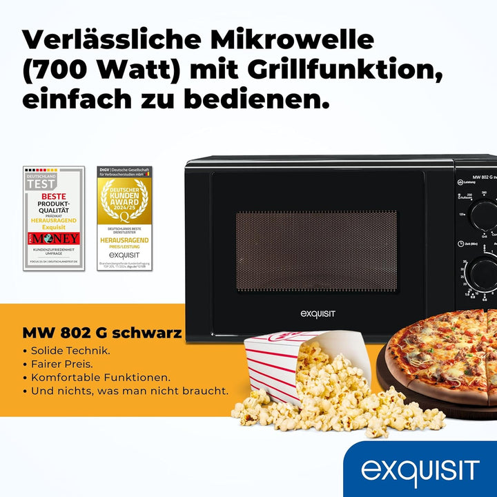 Exquisit Mikrowelle 20L, 1000 Watt Grill, 700 Watt, 25,5cm Drehteller, 5 Leistungsstufen, Timer, Auf