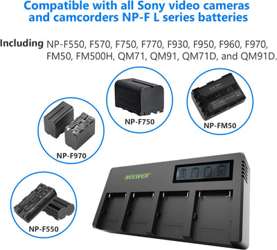 NEEWER 4-Kanal-NP-F-Akkuladegerät mit LCD-Display, kompatibel mit Sony NP-F550 F570 F750 F770 F930 F