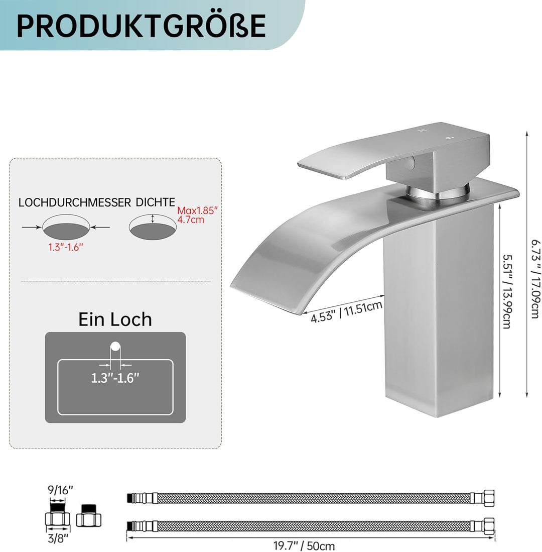Fransiton Wasserhahn Bad, Wasserfall Waschtischarmatur mit Auslauf Höhe 60MM, Einhebelmischer für Ka