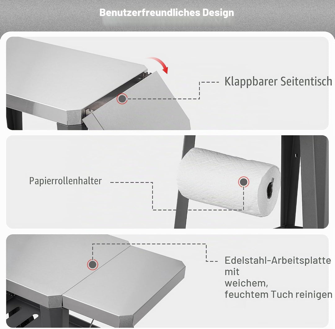 Feasto Grilltischwagen für den Aussenbereich, Pizzaofentisch mit Rollen, Edelstahl-Arbeitsplattenwag