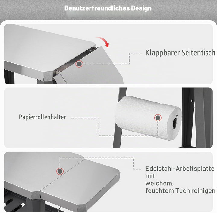 Feasto Grilltischwagen für den Aussenbereich, Pizzaofentisch mit Rollen, Edelstahl-Arbeitsplattenwag
