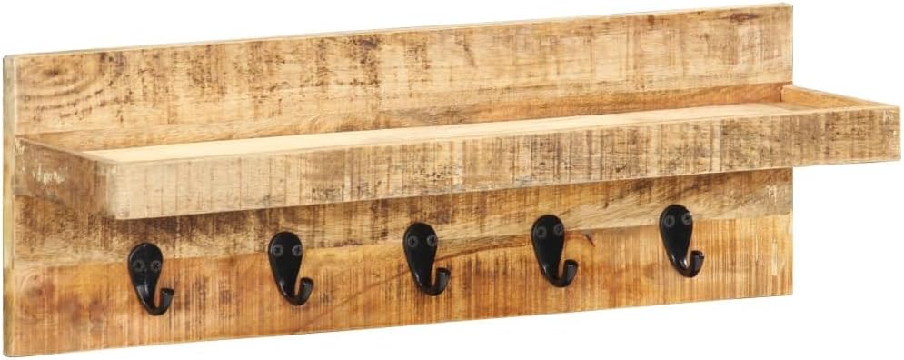Hothingwell Garderobenständer, Mangoholz, unbehandelt, massiv, 5 Haken | Mit Regal, 60x15x20cm, für