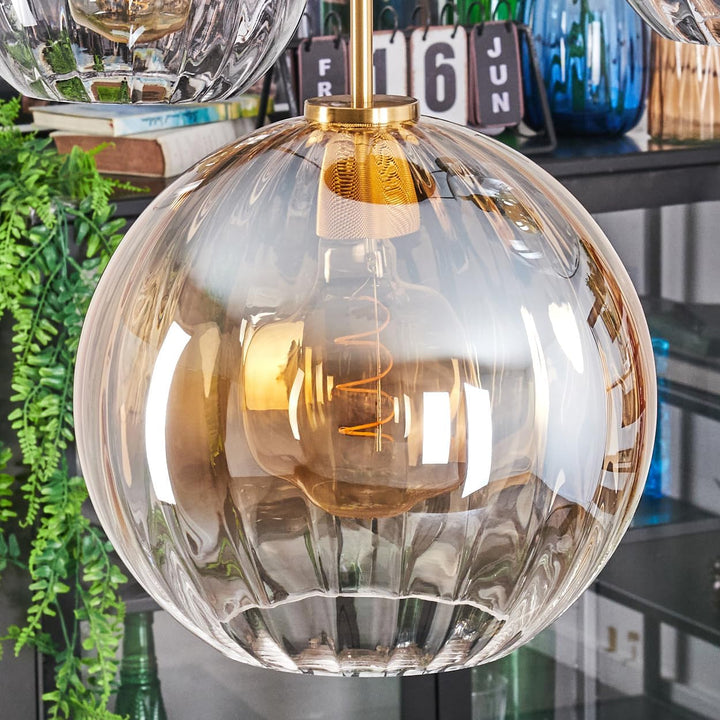 HOFSTEIN Hängeleuchte Koyoto, 5-flammige Hängelampe aus Metall/Riffelglas in Schwarz/Gold/Bernstein/