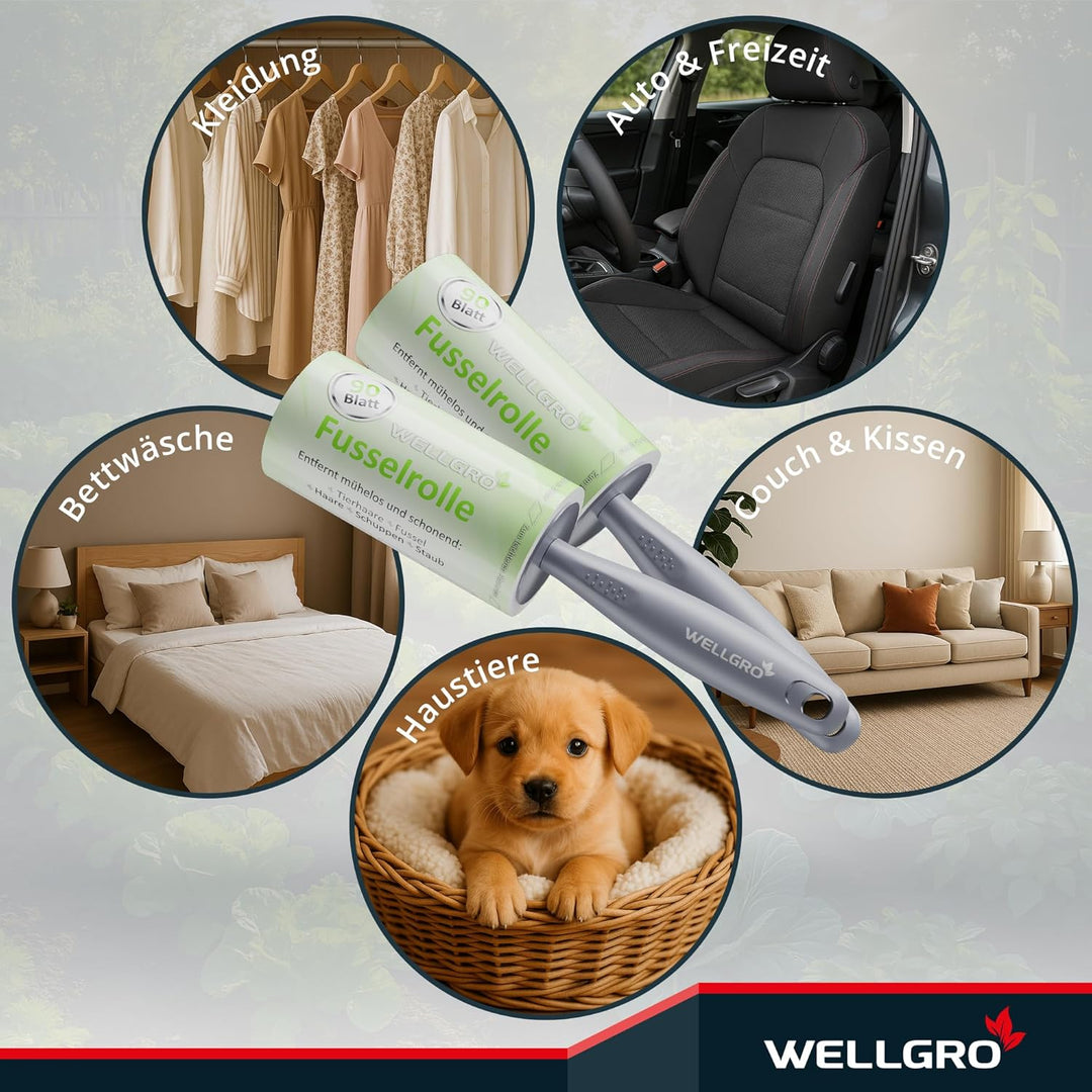 WELLGRO Fusselrolle Tierhaare – 10 Rollen 900 Blatt + 2 Abroller – Fusselroller Kleidung & Kleberoll