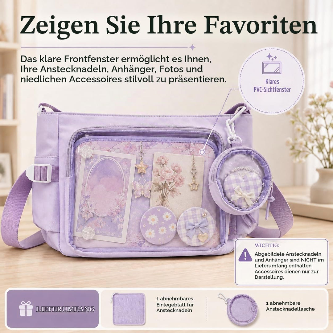 Ita Crossbody Tasche für Damen, Nylon Schultertasche mit transparentem Display-Fenster und herausneh