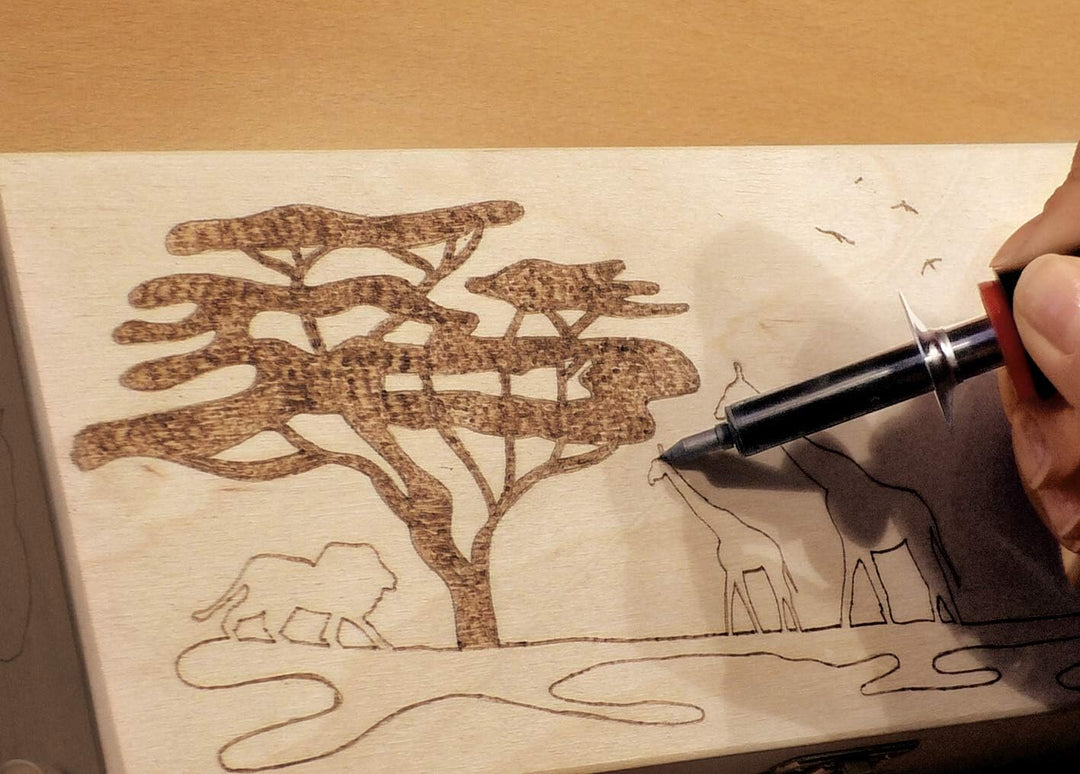 Pebaro 0266 Brandmalkolben, 6 Brennspitzen, 3 Brennstempel in praktischer Holzbox, Brandmalerei, Pyr