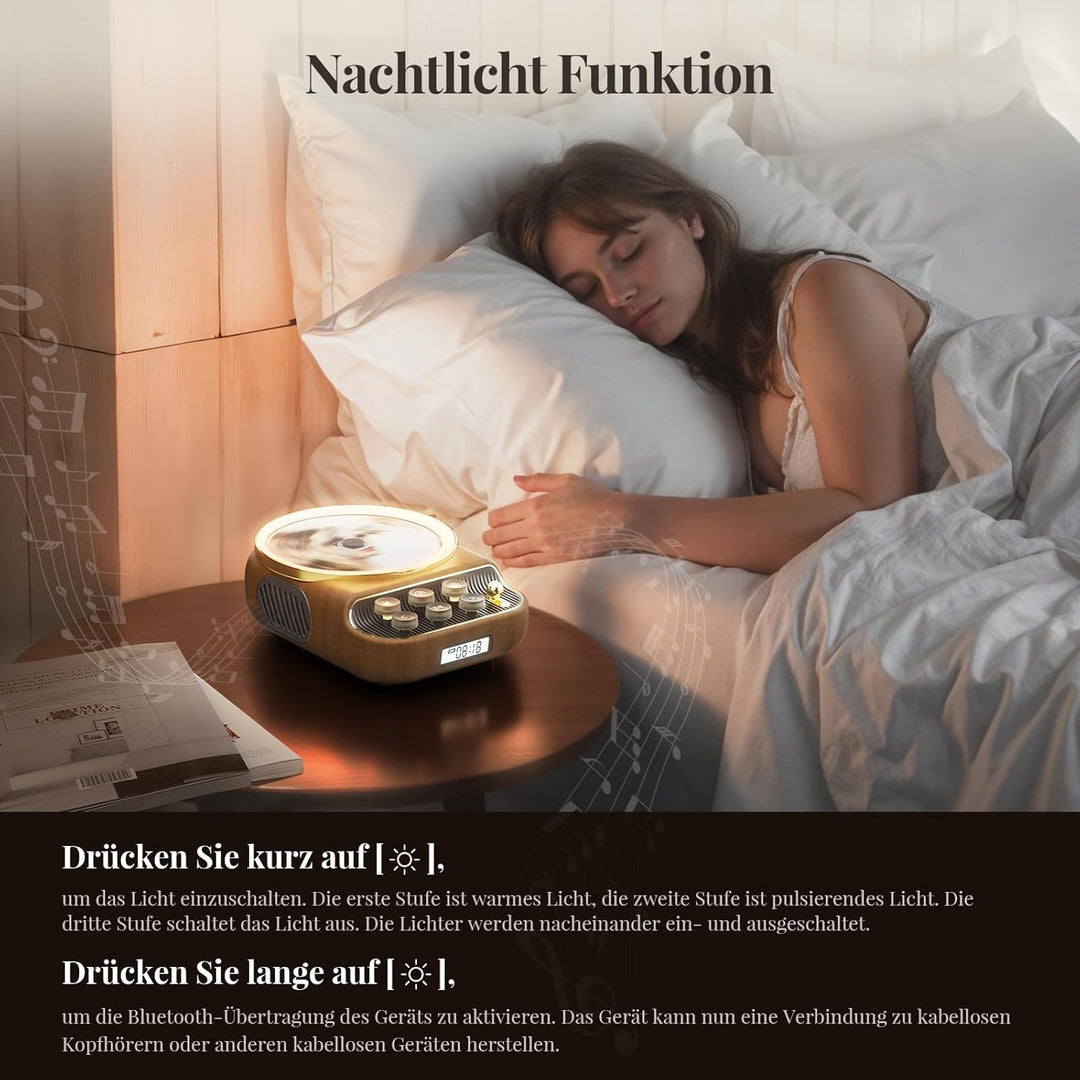 Retro CD Player Tragbar mit Bluetooth 5.3 Lautsprecher HiFi Sound Nachtlicht Staubschutz LED-Bildsch