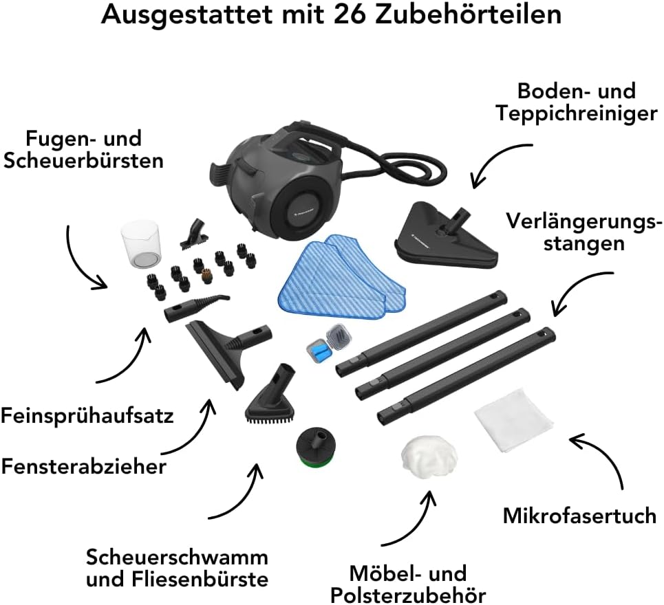 TS2 Dampfreiniger – 100+ Oberflächen – 50 Minuten Dampf – 4 Bar – Reinigungsgerät – Dampfreiniger fü