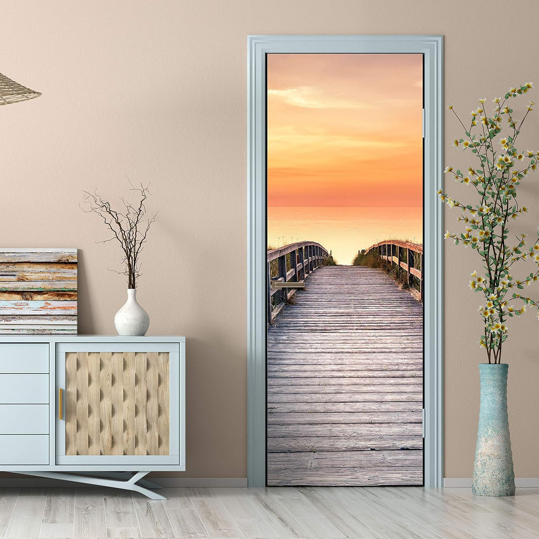 wandmotiv24 Türtapete Holz-steg zum Meer, Abend-rot, Sonne 70 x 200cm (B x H) - Dekorfolie selbstkle