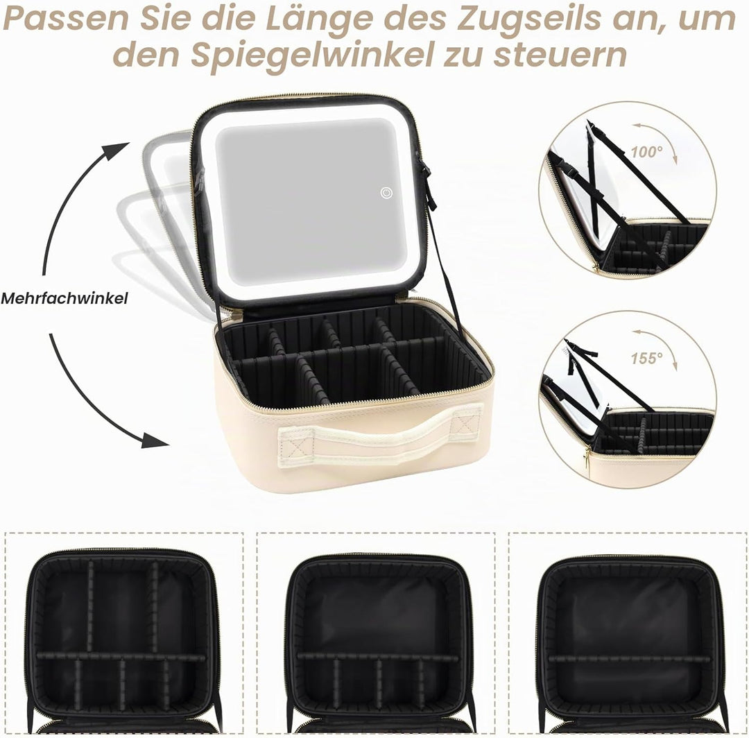Reisekosmetiktasche mit beleuchtetem Spiegel, unterteilbare Kosmetiktasche Kosmetiktasche mit 3 Farb