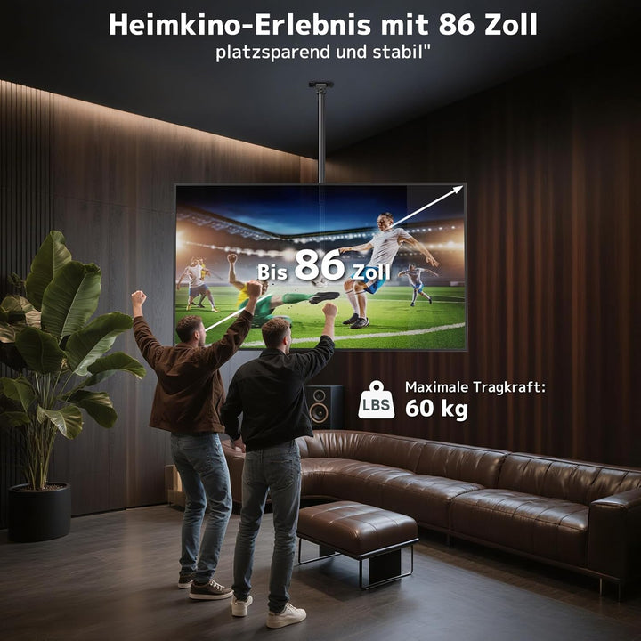TV Deckenhalterung für 43-86 Zoll bis 60kg, 360° schwenkbar und -25° neigbar, mit ±3° Nivellierung,