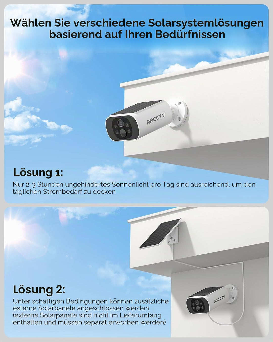 4MP Solarbetriebene Überwachungskamera, integriertes Solarpanel, kabellos für den Aussenbereich, 2,4