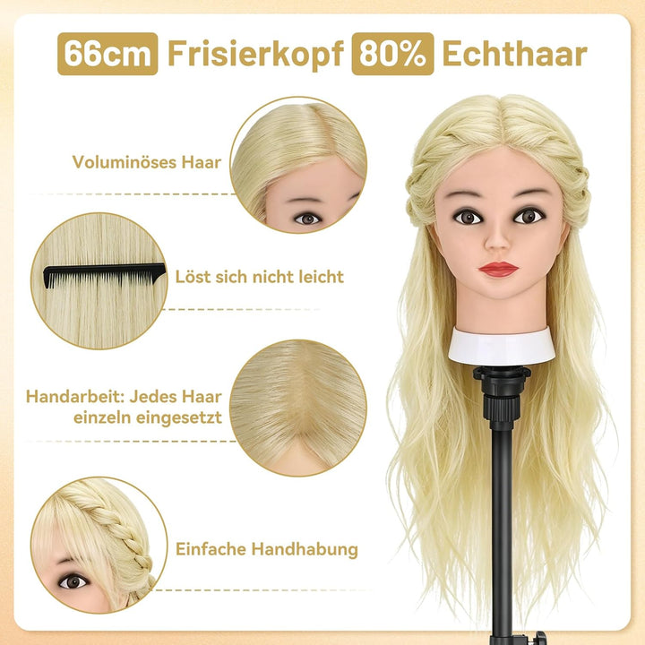 TwoWin Friseurkopf mit Haaren, 26 Zoll (66 cm) 80% Echthaar Mannequin Kopf, Trainingskopf für Stylin
