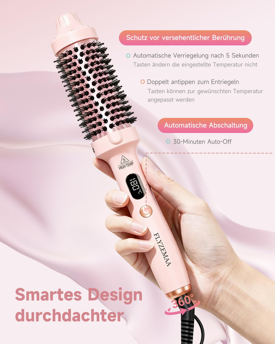 Thermobürste FLYZEMAA, Thermal Brush 38mm - Runder Heizkamm für natürliche Locken und glatteres Haar
